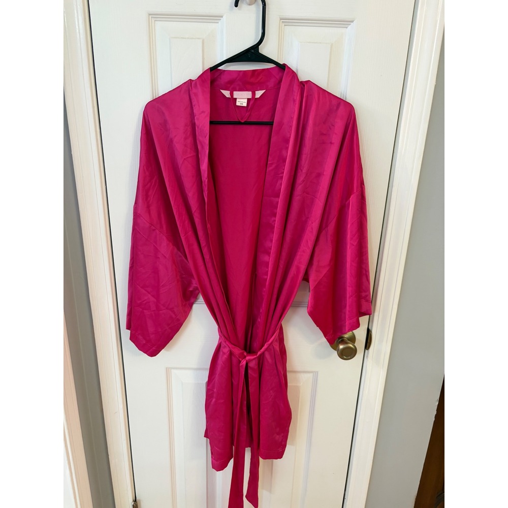 Victoria's Secret Robe Women OS Pink Satin Kimono Short Tie Waist Hot Pink